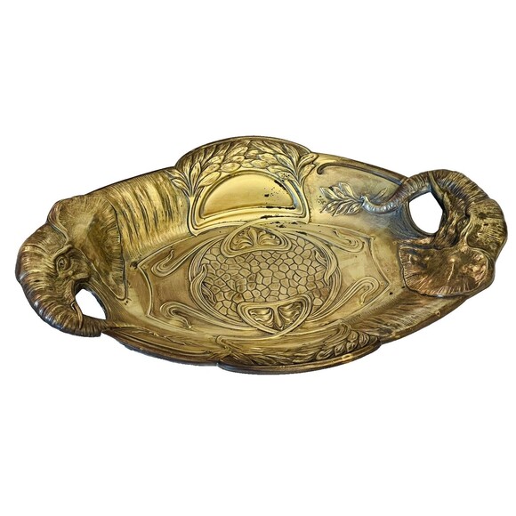 Art Nouveau Brass Platter Bowl Ornate Elephants Handles  13.5" VTG Early 1900 - Picture 1 of 9